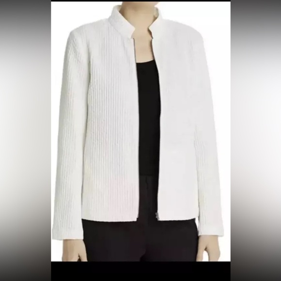 Eileen Fisher Tencel Organic Cotton Honeycomb Ivory Stand Collar Zip Jacket Xl - Picture 1 of 7